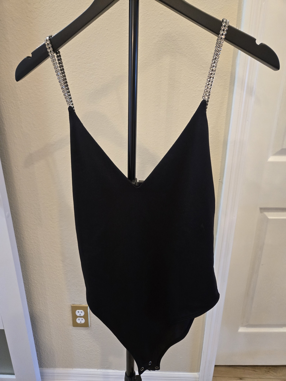 Forever 21 Black V-Neck Bodysuit with Rhinestone Straps